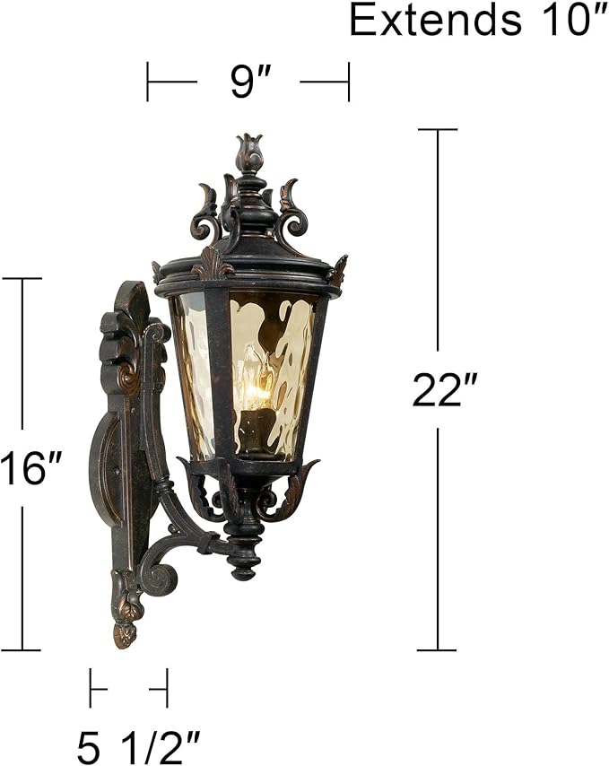 John Timberland Casa Marseille Vintage Outdoor Wall Light Fixture Veranda Bronze Scroll Frame 22" Champagne Hammered Glass for Exterior House Porch Patio Outside Deck Garage Yard Front Door