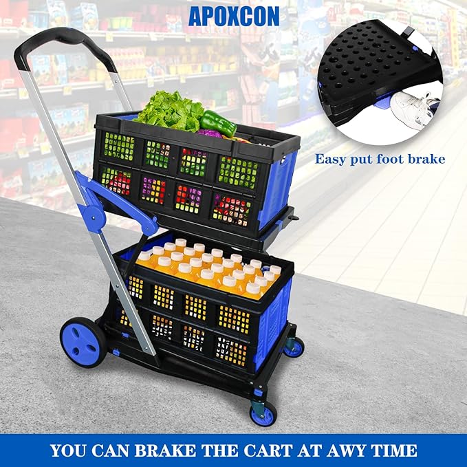 Shopping Cart with 2 Storage Crates, Multi Use Two Tier Collapsible Cart with 360° Rolling Swivel Wheels Heavy Duty Folding Trolley for Shopping, Picnic and Office