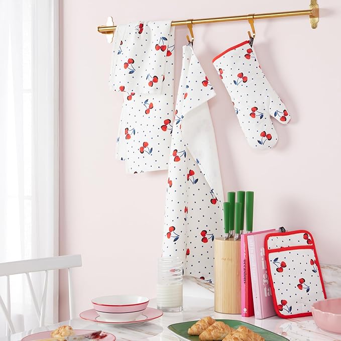 Kate Spade New York Cherry Dot Kitchen Towel, Oven Mitt & Pot Holder 4-Pack Set, 17" x 28", 7" x 13", 7" x 10", White/Red/Blue