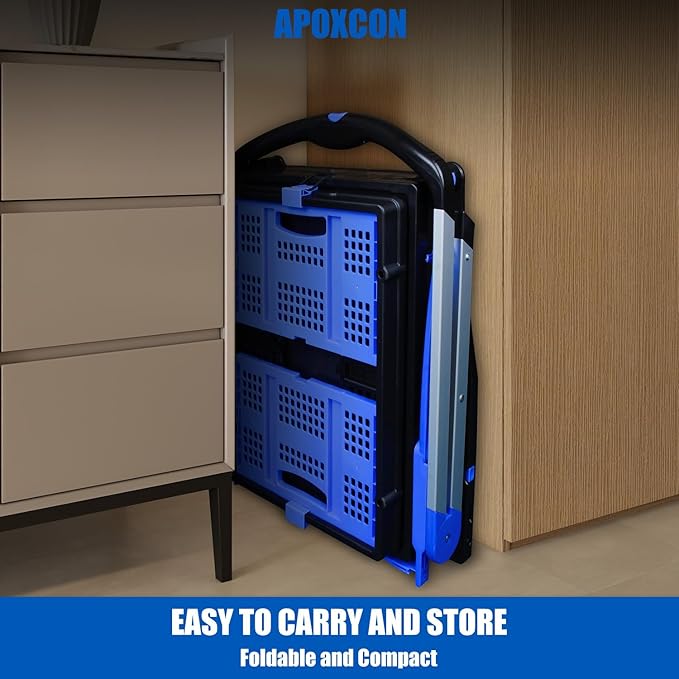Shopping Cart with 2 Storage Crates, Multi Use Two Tier Collapsible Cart with 360° Rolling Swivel Wheels Heavy Duty Folding Trolley for Shopping, Picnic and Office