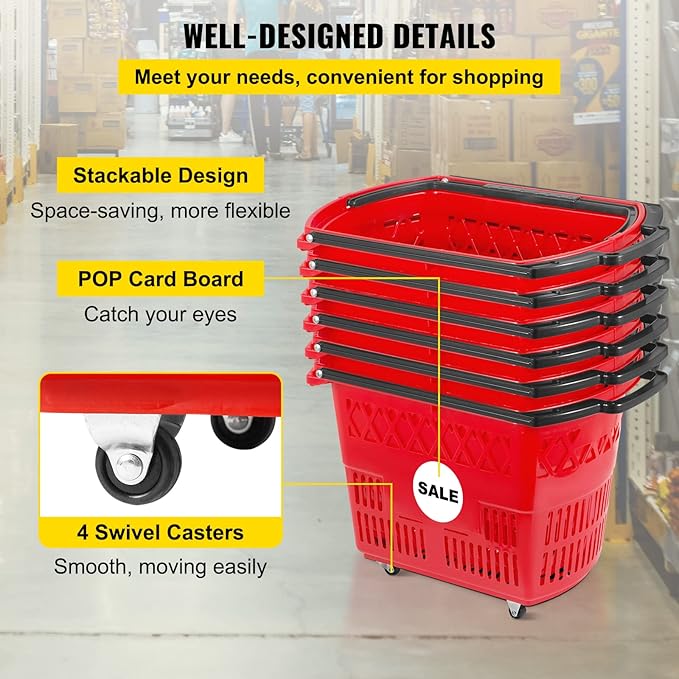 Mophorn 6PCS Shopping Carts, Plastic Rolling Shopping Basket with Wheels, Red Shopping Baskets with Handles, Portable Shopping Basket Set for Retail Store
