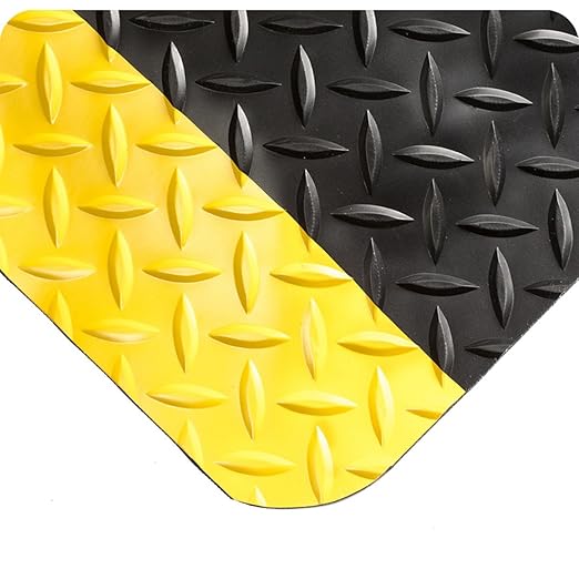 Wearwell 414.1516x4x12BYL Diamond-Plate SpongeCote UltraSoft Mat, 12' Length x 4' Width x 15/16" Thick, Black with Yellow