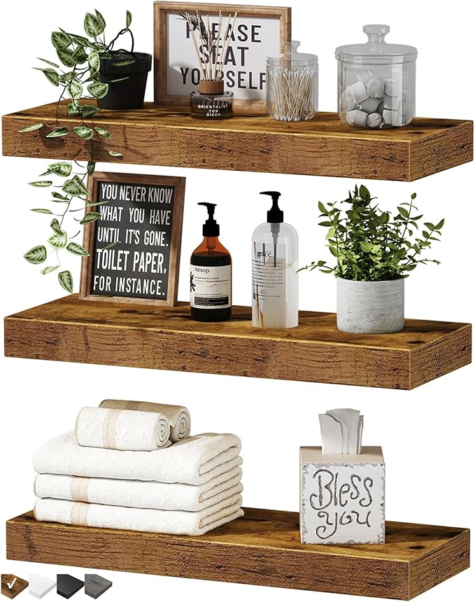 QEEIG Floating Shelves for Wall, Set of 3, 16 inch Rustic Brown Farmhouse Decor