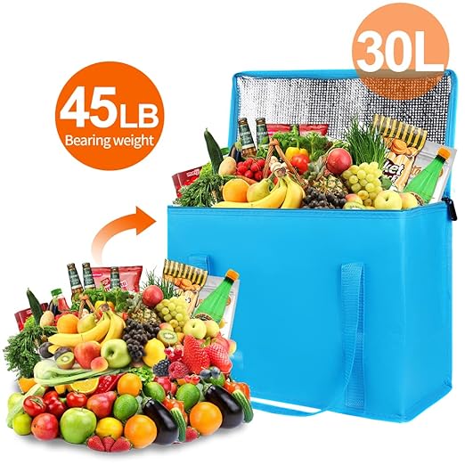 4-Pack Insulated Reusable Grocery Shopping Bag, X-Large Frozen Food Cold, Bodaon Cooler Bags with Zippered Top, Insulated Food Delivery Bag, Blue