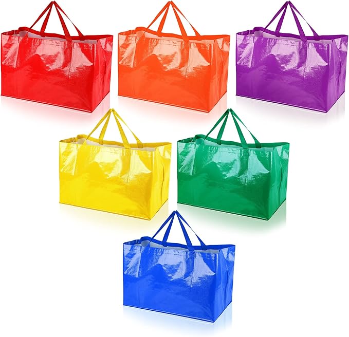 Shappy 6 Pieces Extra Large Reusable Shopping Grocery Bags with Handles Colorful Woven Plastic Waterproof Tote Bags