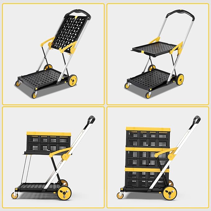 Collapsible Shopping Cart with Wheels, 200 lbs Capacity Grocery Cart on Wheels with Storage Crate, Platform Hand Truck with Foot Brake, Yellow