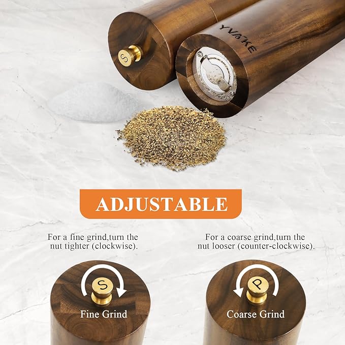 Wooden Salt and Pepper Grinder Set,8 Inch Manual Salt and Pepper Mill, Adjustable Coarseness and Refillable,Acacia Wood Pepper Grinder for your kitchen[Set of 2]