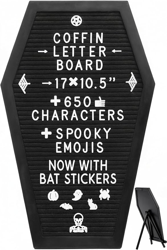 Coffin Letter Board Black +3D Bat Stickers +650 Characters, Spooky & Seasonal Emojis, Wooden Stand - 17x10.5 Inches - Coffin Shaped Goth Decor Sign Witchy Halloween Decorations Gothic Decor Birthday Wedding Home Spooky Gifts