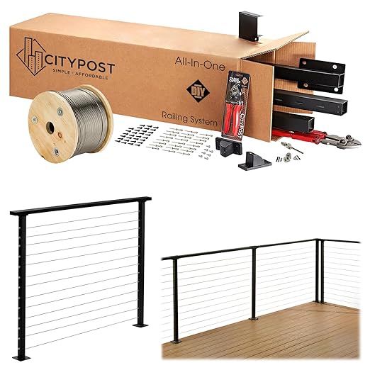 Steel Cable Railing System for Deck Handrails: DIY Complete Kit: Pre-drilled Base Mount Steel Posts, Wire Rope, Tools, Hardware Kit Included (32 ft, Black 42 Inch)