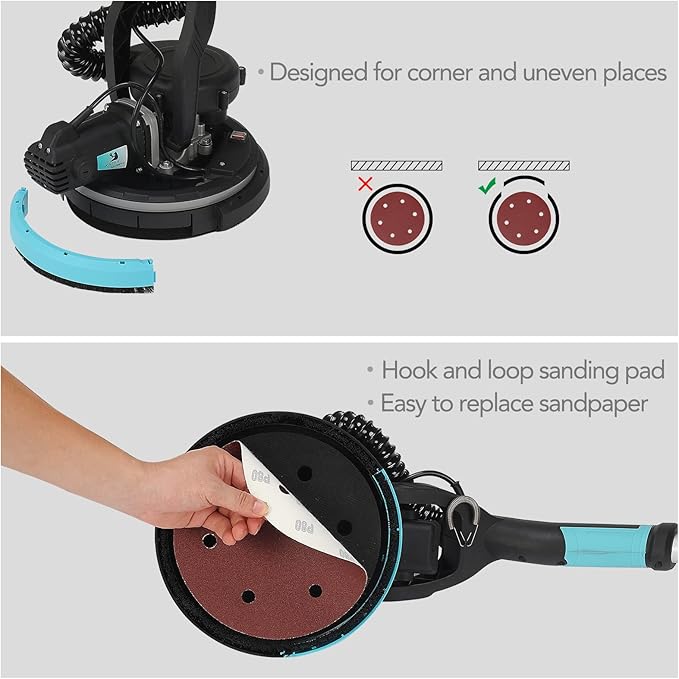 Drywall Sander, 750W 6.5A Electric Wall Pole Sander with Vacuum Dust Collection LED Light 7 Speed Settings 900-1800RPM Popcorn Ceiling Removal Tool Sandingpaper