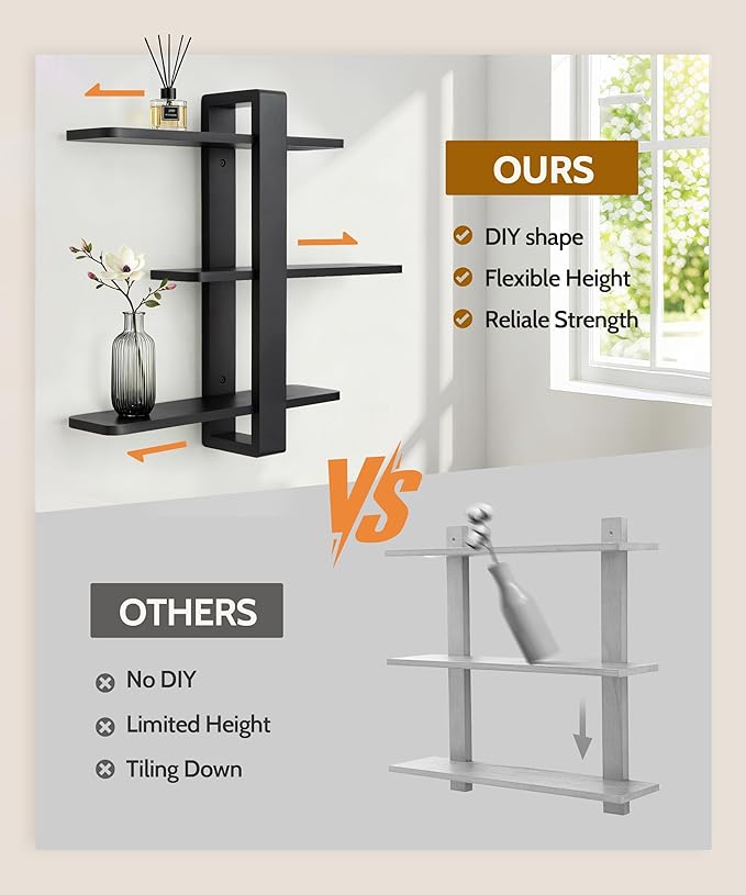 SUMGAR Black Floating Shelves for Wall Mounted Shelving Unit All Pine Wood 3 Tier Large Shelf for Bedroom Living Room Office Bathroom Home Decoration Storage Plant Photo Display Modern 20in