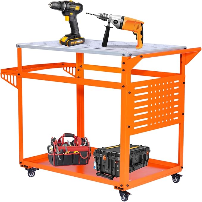 Welding Table: 35"x24" Welding Workbench with 2000LB Load Capacity, Lockable Casters with Brakes, Tool Tray, Tool Slots & 4/5" Fixture Holes
