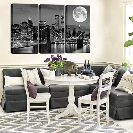 Biuteawal New York Skyline Wall Art Brooklyn Bridge Moon Night View Picture Canvas Print Black and White City Artwork Painting Modern Home Office Living Room Decoration