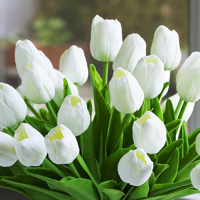 ENOVA FLORAL 40 Heads White Artificial Tulips With Vase, Real Touch Fake Flowers, Floral Arrangement for Dining Table, Home Decoration, Wedding Centerpieces