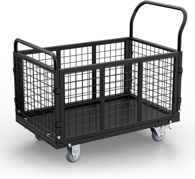 Platform Truck Cart with Cage, 5 in 1 Foldable Heavy Duty Platform Cart, 2500 LBS Capacity Heavy Duty Push Cart with 4 Casters for Grocery, Laundry, Warehouse, Pantry