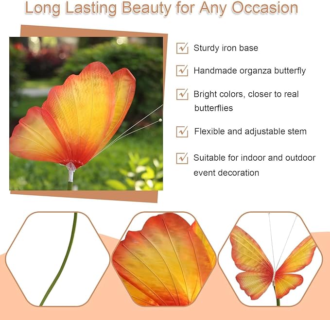 3Pcs Large Silk Butterfly Decorations,Big Butterfly Decoration with Standing Base,Mariposas Grandes Para Decoracion for Wedding Birthday Party Decor Ideal for Home and Event Decorations(Red Yellow)