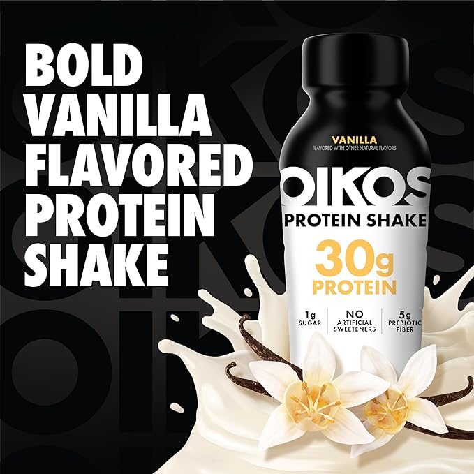 Oikos Protein Shake, Vanilla, 30g Protein, Shelf Stable Protein Drink with 5g Prebiotic Fiber, 12 fl oz Bottle, 12 Count