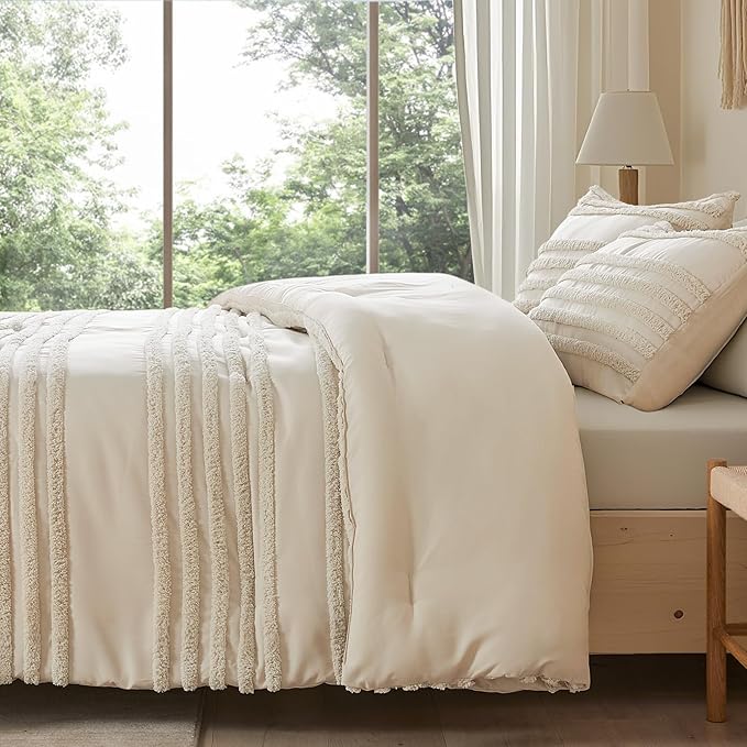 BEDELITE Boho Comforter Set Queen Size, Beige Tufted Striped Bed Set 3 Pieces, Soft Vintage Farmhouse Comforter for All Seasons, Boho Home Decor,Fluffy Jacquard Bedding with 2 Pillow Shams