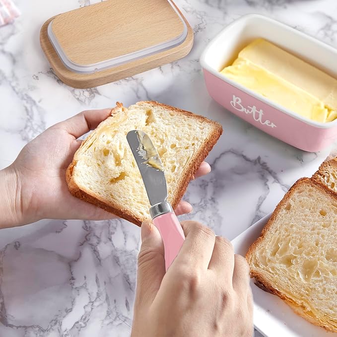 ALELION Pink Butter Dish with Lid and Knife for Countertop - Airtight Ceramic Butter Container with Thick Acacia Wood Lid for Counter - Pink Kitchen Decor and Accessories