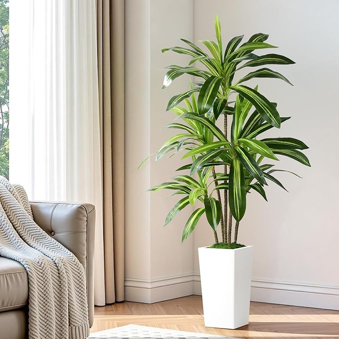 Alupssuc Artificial Dracaena Fake Tree 5FT, White High Pot Artificial Plants Indoor&Outdoor, Fake Plants for Office/Home/Living Room Potted Decoration, 5ft