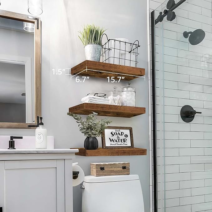 QEEIG Floating Shelves for Wall, Set of 3, 16 inch Rustic Brown Farmhouse Decor