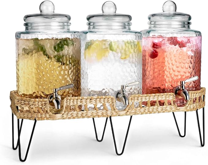 1.5 Gallon Glass Drink Dispenser for Parties 3 PACK Beverage Dispensers with Stand, Glass Water Jug Dispenser, with 18/8 Stainless Steel Spigot, Great for Party, Wedding, Picnic, BBQ Wicker Design