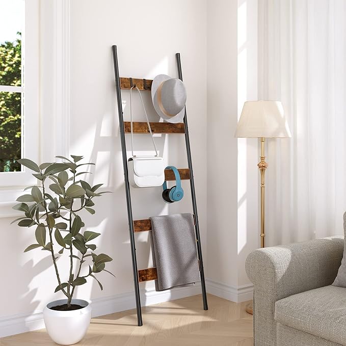 HOOBRO Industrial 5-Tier Wall-Leaning Blanket Ladder, Rustic Brown and Black BF52CJ01