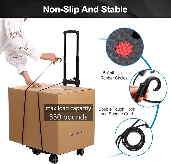 Folding Hand Truck Lightweight Hand Truck Dolly Foldable,Luggage cart with 4 Rotate Wheels, Utility Cart with Adjustable Handle,Collapsible Dolly for Moving-Black