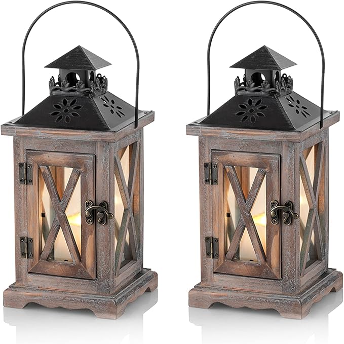 Sziqiqi Farmhouse Lanterns Home Decor Decorative Wood Lantern for Wedding Centerpieces Vintage Brown Candle Lantern for Patio Fireplace Mantel Table Decoration