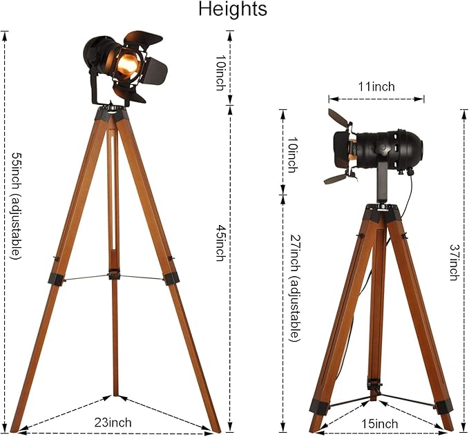Decoluce Vintage Tripod Floor Lamp, Height Adjustable Wooden Camera Tripod Rotatable Spotlight Tall Standing Light, Nostalgic Cinema Lamps for Living Room, Bedroom, Studios Decor(Black)