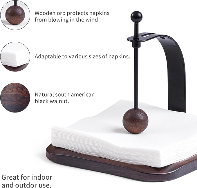 Napkin Holder - Windproof Design with Gravity Ball, Multifunctional Tissue Tower & Serving Tray for Outdoor/Indoor, Fits 6.5"-7" Napkins & Toilet Paper Rolls Warm Gift Idea (Rain Tree Wood)