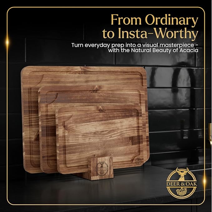 Pre-Oiled, Non Toxic 3-Piece Acacia Cutting Board Set with Stand, FSC Certified Wooden Chopping Boards with Juice Grooves for Meat. 3 Size Wood Carving Boards for Home & BBQ Kitchens by Deer & Oak