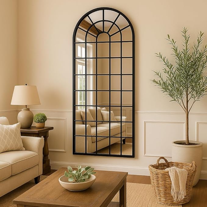 70x30Inch Large Arched Window Pane Mirror| Black Arched Mirrors for Wall & Floor | Arch Mirror Full Length for Entryway Living Room & Bedroom | Oversized Mirrors | Wall Art Decorative |Farmhouse Décor