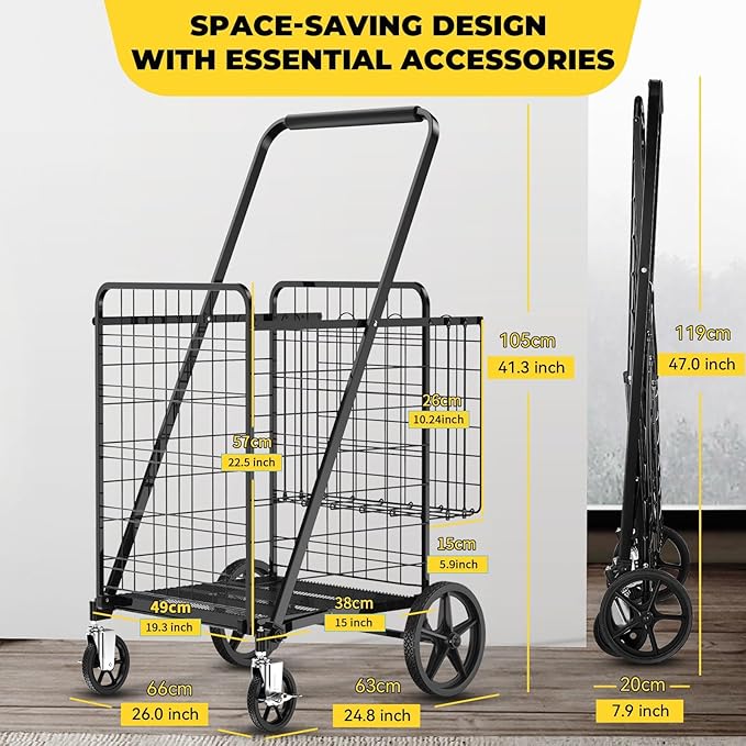 Folding Shopping Cart for Groceries with Braked Rolling Swivel Wheels - Extra Large Heavy Duty Grocery Cart with Double Basket & Removable Waterproof Liner, Upgraded Laundry Utility Cart