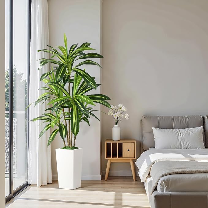 Alupssuc Artificial Dracaena Fake Tree 5FT, White High Pot Artificial Plants Indoor&Outdoor, Fake Plants for Office/Home/Living Room Potted Decoration, 5ft