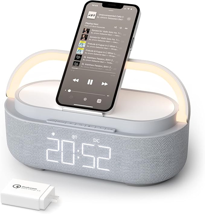 Bluetooth Speaker with Wireless Charger, FM Radio, Dimmable Bedside LED Night Light, Stereo Sound Dual Wireless Speakers, 2500mAh Portable Speaker for Home Decoration, Bedroom, Office, Gift
