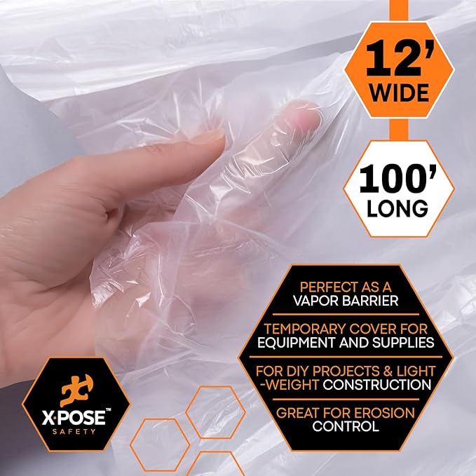 Xpose Safety Clear Plastic Sheeting 5 Pack – 12' x 100' Rolls – Heavy Duty 4 Mil Poly Sheet – Waterproof, Dustproof, Vapor Barrier – for Construction, Painting, Industrial Use