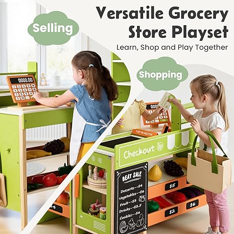 labebe Pretend Grocery Store Playset for Kids,Wooden Supermarket Toy Set with Cash Register,Play Food Accessories Store Set Suit Gift for Toddler Boys Girls