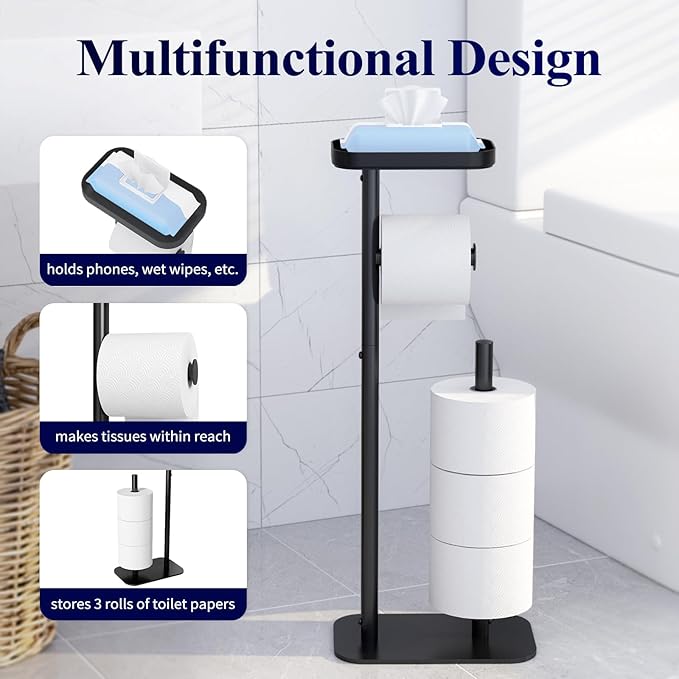 Kitsure Toilet Paper Holder Free Standing – Rustproof Metal Toilet Paper Stand for 4 Rolls with Anti-Slip Base and Shelf for Phone & Small Items, Bathroom Organizers and Storage, Medium, Black
