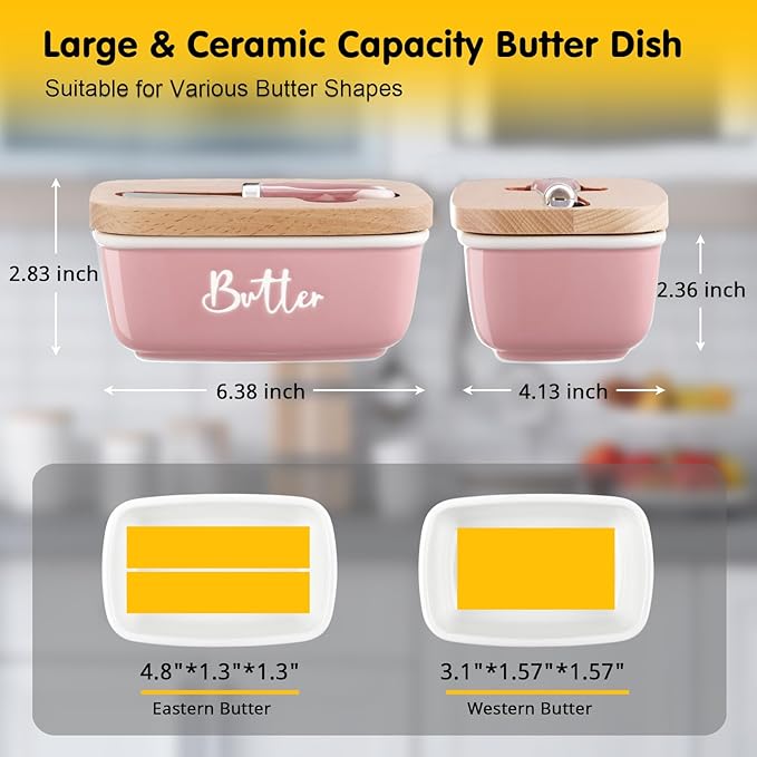 ALELION Pink Butter Dish with Lid and Knife for Countertop - Airtight Ceramic Butter Container with Thick Acacia Wood Lid for Counter - Pink Kitchen Decor and Accessories