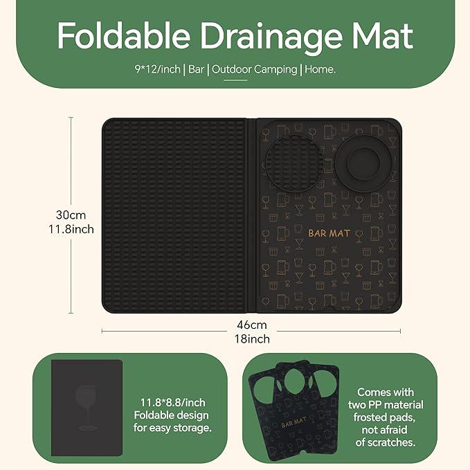 Bar Mat, Bar Accessories, Multifunctional Folding Cocktail Mat with Cutting Board, 18" X 12"(Black) Drying Mats,Bar Mat for Countertop,Bar Decorations for Home , Outdoor Bar Accessories ,Travel