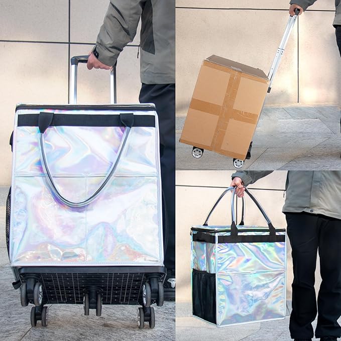 Reusable Grocery Bags on Wheels, Rolling Tote, Portable Shopping Cart for Groceries with Wheels and Drawstring Bag, Trolley, 54L, Foldable, Phantom White