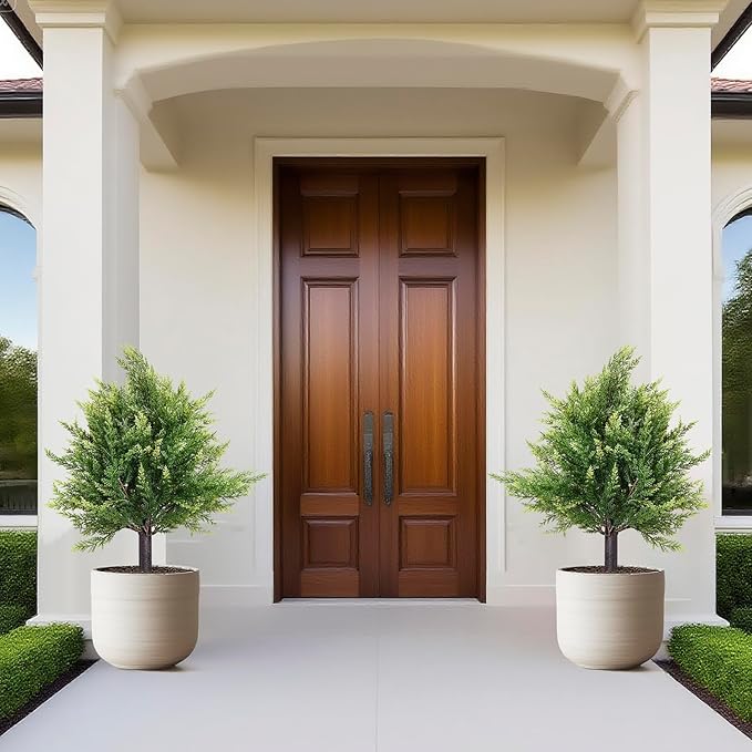 2 Pack 16.5 Inch Artificial Cypress Topiary Trees, Realistic Faux Potted Plants for Indoor Outdoor Home Garden Office Decoration (UV Resistant)