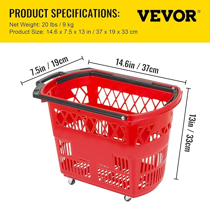 Mophorn 6PCS Shopping Carts, Plastic Rolling Shopping Basket with Wheels, Red Shopping Baskets with Handles, Portable Shopping Basket Set for Retail Store
