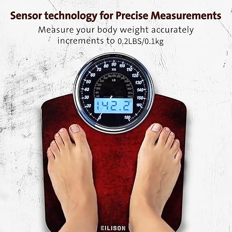 EILISON Highly Advance 2-in-1 Digital & Analog Weighing Scale for Body Weight-400lbs, 4 High Precison GX Sensor Accurate, Thick Tempered Glass, Extra Large Display (Red)