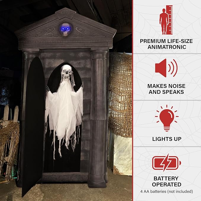 Haunted Hill Farm 6.7-Ft Animatronic Mausoleum by Tekky, Halloween Animatronic, Spooky House Wall Decoration, Creepy Indoor & Covered Outdoor Party Decor Motion-Activated Lights & Sound, LifeSize
