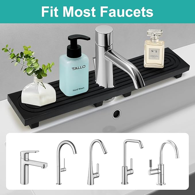 Large Kitchen Sink Faucet Mat Black Wooden Bathroom Tray Faucet Splash Guard Protectors for Kitchen Sink Counter Accessories Wood Risers Pedestal Stand Sink Drip Catcher Around Behind Faucet Mats