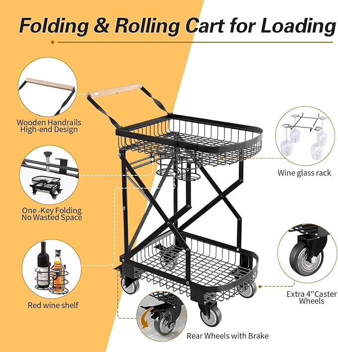 2-Tier Foldable Shopping Cart for Groceries, Collapsible Cart with 360° Rolling Swivel Wheels, Heavy Duty Multi Function Folding Utility Cart for Camping Gear, Traveling, Laundry, Garden, Pantry