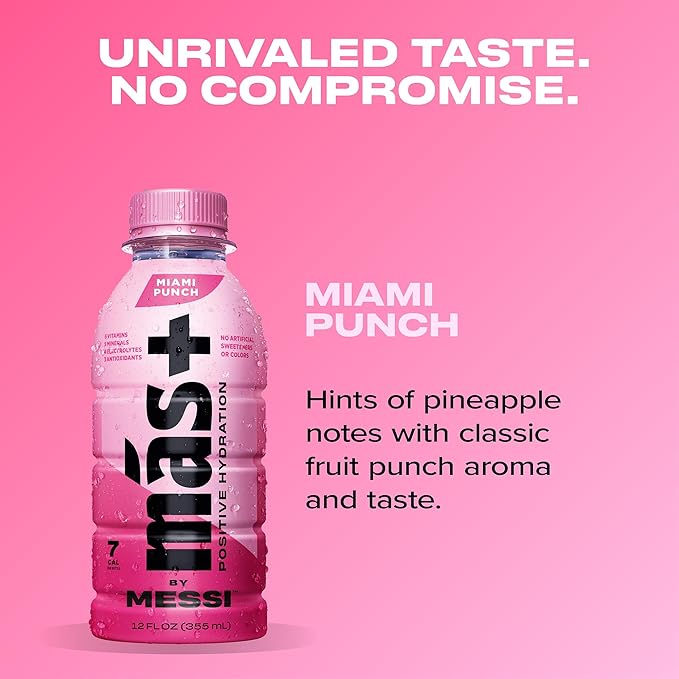 Más+ By Messi 12oz Miami Punch & Berry Copa Crush Multi Pack Sports Drink & Hydration Beverage, Natural Flavors with Vitamins and Electrolytes, No Artificial Sweeteners or Colors, 12-pack