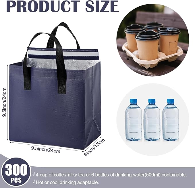 300 Pcs Insulated Take Away Bags Bulk Thermal Insulation Food for Coffee Milk Tea Hot Cold Food Fresh Seafood Cooler Pizza Delivery Bags for Catering Restaurant Grocery(Navy Blue, Black)